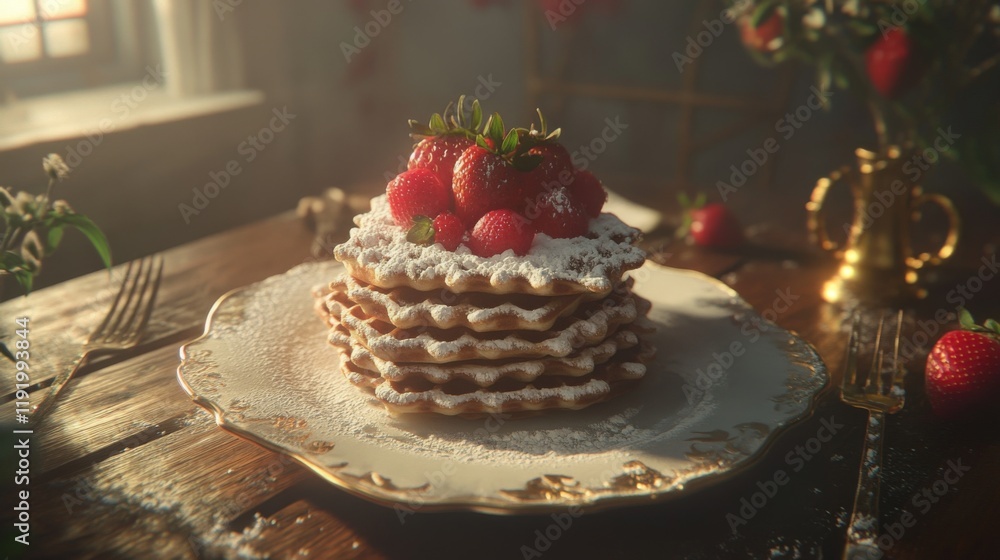 Poster A stack of waffles on a rustic wooden table, topped with fresh strawberries and powdered sugar. A fork and knife are neatly placed beside the plate.