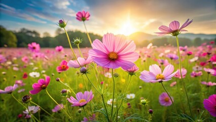 Obraz premium A stunning field of cosmos flowers standing tall in a lush green meadow beneath a warm sun shining down on them with a hint of a breeze rustling the petals , cosmic flower, grassy field