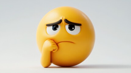 Fototapeta premium A thinking emoji with one hand resting on its chin and furrowed brows, looking curious, isolated on white