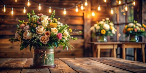 Floral arrangement on a wooden table with rustic charm and warm lighting , nature, rustic,  nature, rustic, botanical, warmth