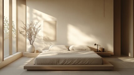 A tranquil Muji-style bedroom with a low-profile bed, soft bedding in earthy tones, and a minimalist aesthetic, promoting relaxation and a clutter-free environment.