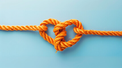 Orange rope tied into a heart-shaped knot on a blue background