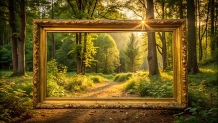 Long golden frame surrounded by nature, warm light, outdoors