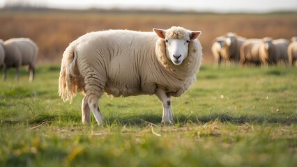 Obraz premium Sheep eating fresh grass. unshorn sheep in a spring field. Sheep looking to camera, Farming, free grazing concept, autumn field