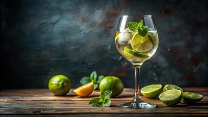 Aperitif mit Limetten und Minze in einem Weinglas serviert, auf einem Tisch oder K?chentisch , wine glass
