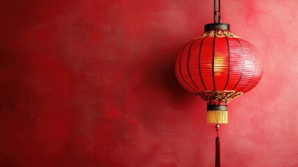 Fototapeta premium Red lantern hanging against textured red wall; festive background for Asian celebrations