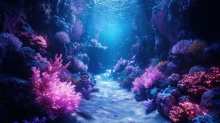 Surreal underwater scene with intricate aquatic textures and radiant bioluminescence