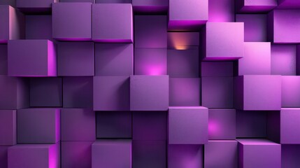 A vibrant arrangement of purple cubes with illuminated accents, creating a modern graphic design.