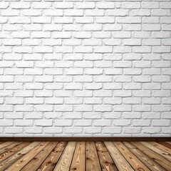 Fototapeta premium Textured white brick wall backdrop, rich wood flooring , shadow, clean