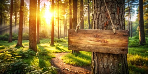 Naklejka premium Rustic Wooden Sign Hanging Tree, Nature Photography, High-Resolution Image, Blank Wood Sign, Outdoor Decor