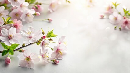 A delicate cherry blossom blooms on a crisp white paper background surrounded by soft green leaves and subtle shadows, blossoms, nature photography