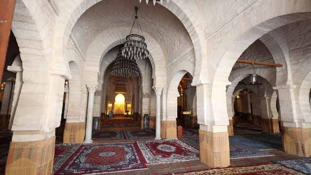 Interior of the Great Mosque in Sousse, Tunisia. High quality 4k footage