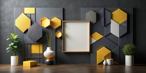 Minimalist portfolio layout with geometric shapes and yellow accents on a dark background, minimalism, modern,  minimalism