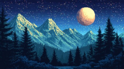 Pixel Art Night Scene Majestic Mountains Starry Sky and Full Moon over a Tranquil Forest
