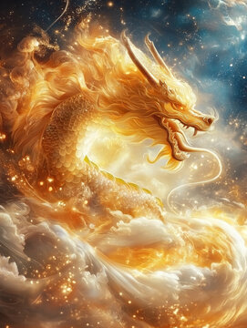 Celestial Dragon: A magnificent golden dragon emerges from the swirling clouds, its scales shimmering with ethereal light.