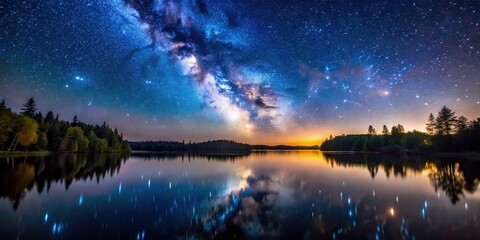 Serene lake surface reflected in the stars on a warm summer night, starry sky, natural beauty