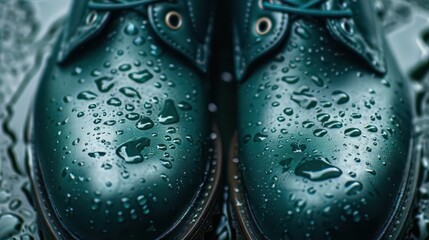 Close-up of wet green shoes with water droplets, highlighting texture and detail.