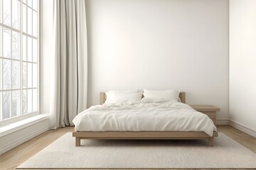 Serene Bedroom 3D Render Minimalist Design White Bedding Wooden Frame Light Wood Floor
