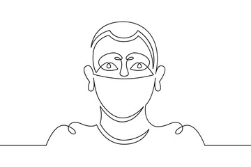 Young male teenager in a protective mask. Social protest and demonstrations . One continuous drawing line, logo single hand drawn art doodle isolated minimal illustration.