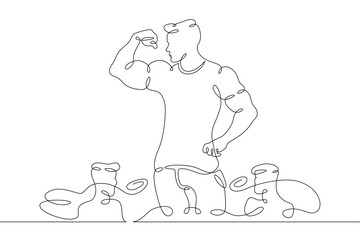 Athlete bodybuilder demonstrates his muscles in public. Weightlifting and bodybuilding.One line continuous thick bold single drawn art doodle isolated hand drawn outline logo illustration.