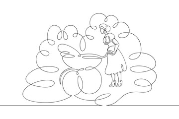 Young mother in a beautiful dress on a walk with a baby carriage in the park. One line continuous thick bold single drawn art doodle isolated hand drawn outline logo illustration.