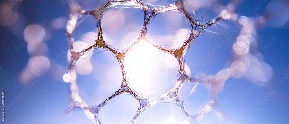 Poster abstract network mesh blue background bright sun cellular structure hexagonal pattern