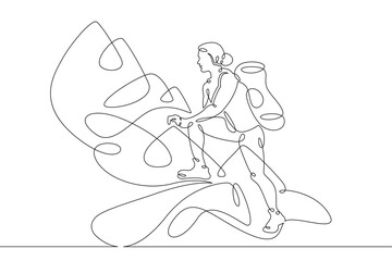 Young woman athlete tourist with a backpack climbs the mountains. One line continuous thick bold single drawn art doodle isolated hand drawn outline logo illustration.