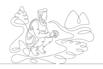 Young male tourist fisherman drinks coffee on the bank of a mountain river. Mountain landscape.One line continuous thick bold single drawn art doodle isolated hand drawn outline logo illustration.