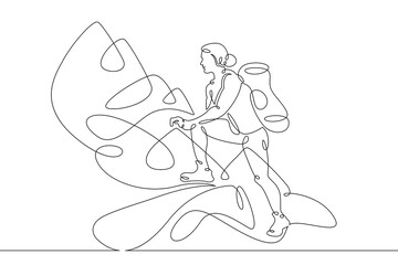 Young woman athlete tourist with a backpack climbs the mountains. One line continuous thick bold single drawn art doodle isolated hand drawn outline logo illustration.