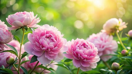 Soft pink peonies with delicate petals and lush greenery in a serene garden setting , pink flowers, garden