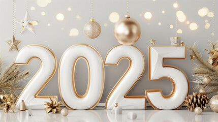 Elegant "2025" decorative display with gold and white ornaments for New Year celebration