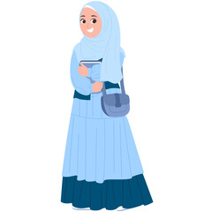 Muslimah in Blue Dress with Hijab Smiling Illustration