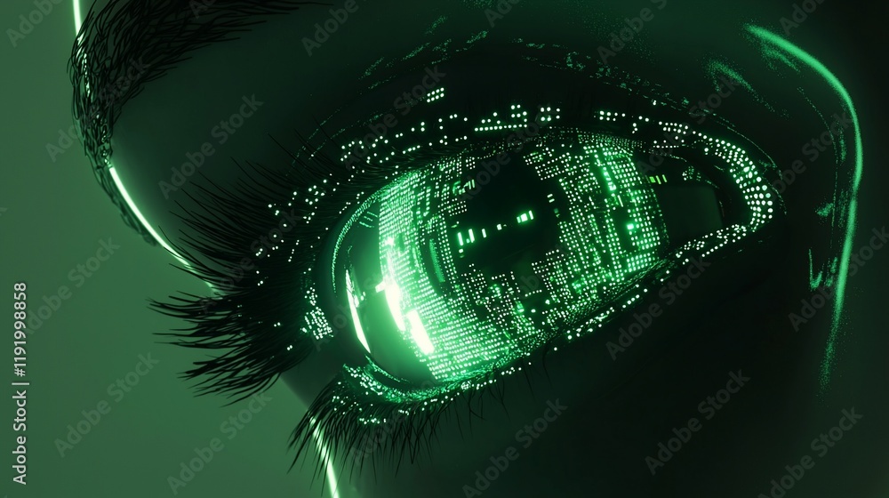 Poster close-up of a futuristic eye with a glowing circuit board iris.