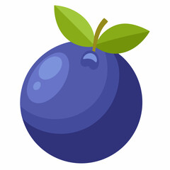 A stylized illustration of a blueberry with green leaves.