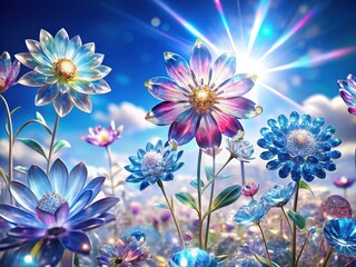 Fototapeta premium Stunning Crystal Flowers, Blue Sky, High-Resolution Photo, Nature Photography, Floral Art