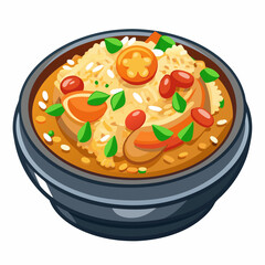 A colorful dish of rice topped with vegetables and herbs.