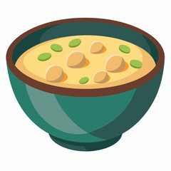 A bowl of creamy soup with round dumplings and green garnishes.