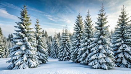 Fototapeta premium Dense Fir tree cluster covered in fresh snow flakes, Frosty Morning, Winter Snow, Frosty Morning