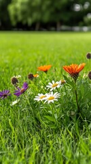Vibrant wildflowers bloom brightly in soft sunlight lush green grass. AI Generated