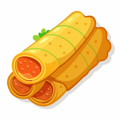 A colorful illustration of a rolled tortilla filled with ingredients.