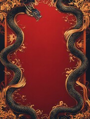 Fototapeta premium Vibrant Red Frame with Dragon Motif for Chinese New Year Celebrations, Featuring Floral Elements, Perfect for Festive Decorations and Invitations