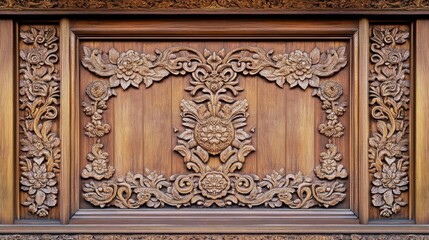 Intricate Floral Wooden Carving Panel Detailed Ornament Rich Brown Wood Texture Asian Style Design