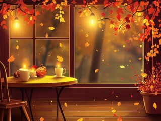 Cup of coffee and autumn leaves on the window in the evening.
