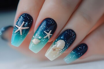 Ocean-Inspired Nail Art Design: Teal and Navy Ombre with Starfish and Seashells