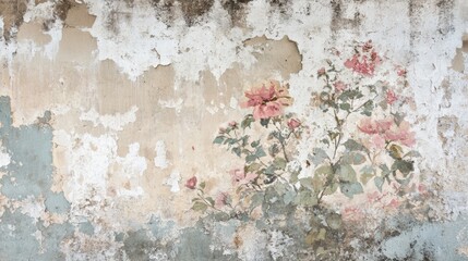 Weathered Wall with Faded Floral Mural Vintage Pink Roses Rustic Texture Background