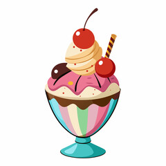 A colorful ice cream sundae topped with cherries and a wafer.
