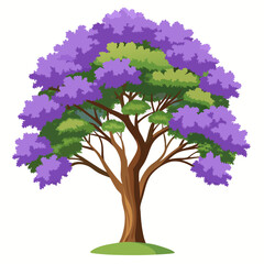 A colorful tree illustration with purple and green foliage.