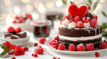 Delicious Chocolate Cake with Raspberries and Heart Decoration on Romantic Table Setting