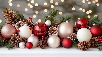 Festive Christmas Decorations with Ornaments and Pine Cones on Wooden Surface