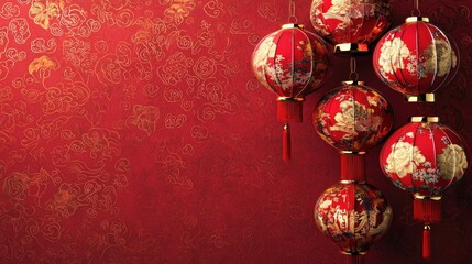 Red lanterns hanging, ornate background, Chinese New Year celebration